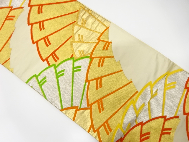 JAPANESE KIMONO / ANTIQUE FUKURO OBI / SILK / WOVEN FOLDING FAN PATTERN